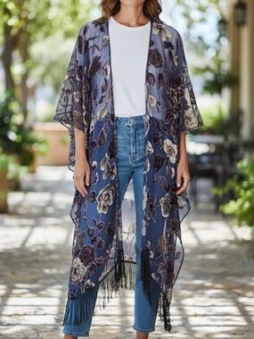 Harlow Floral Velvet Embroidered Fringe Sheer Kimono Cardigan One Size